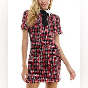 Tweed Collar Bow Neck Plaid Shift Holiday Dress - Size 1/ XS
